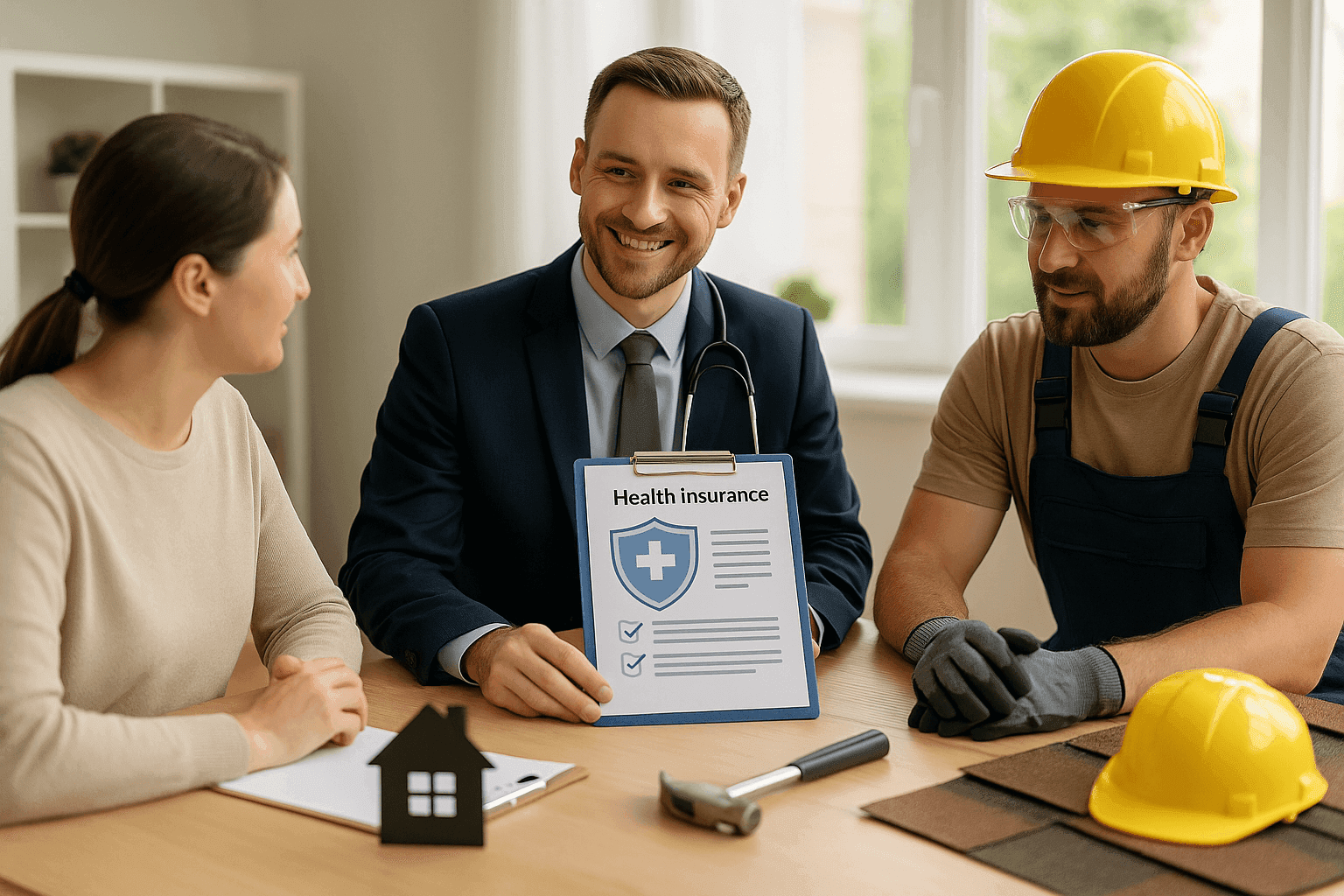 Advisor explaining health insurance plans to a homeowner and small business owner