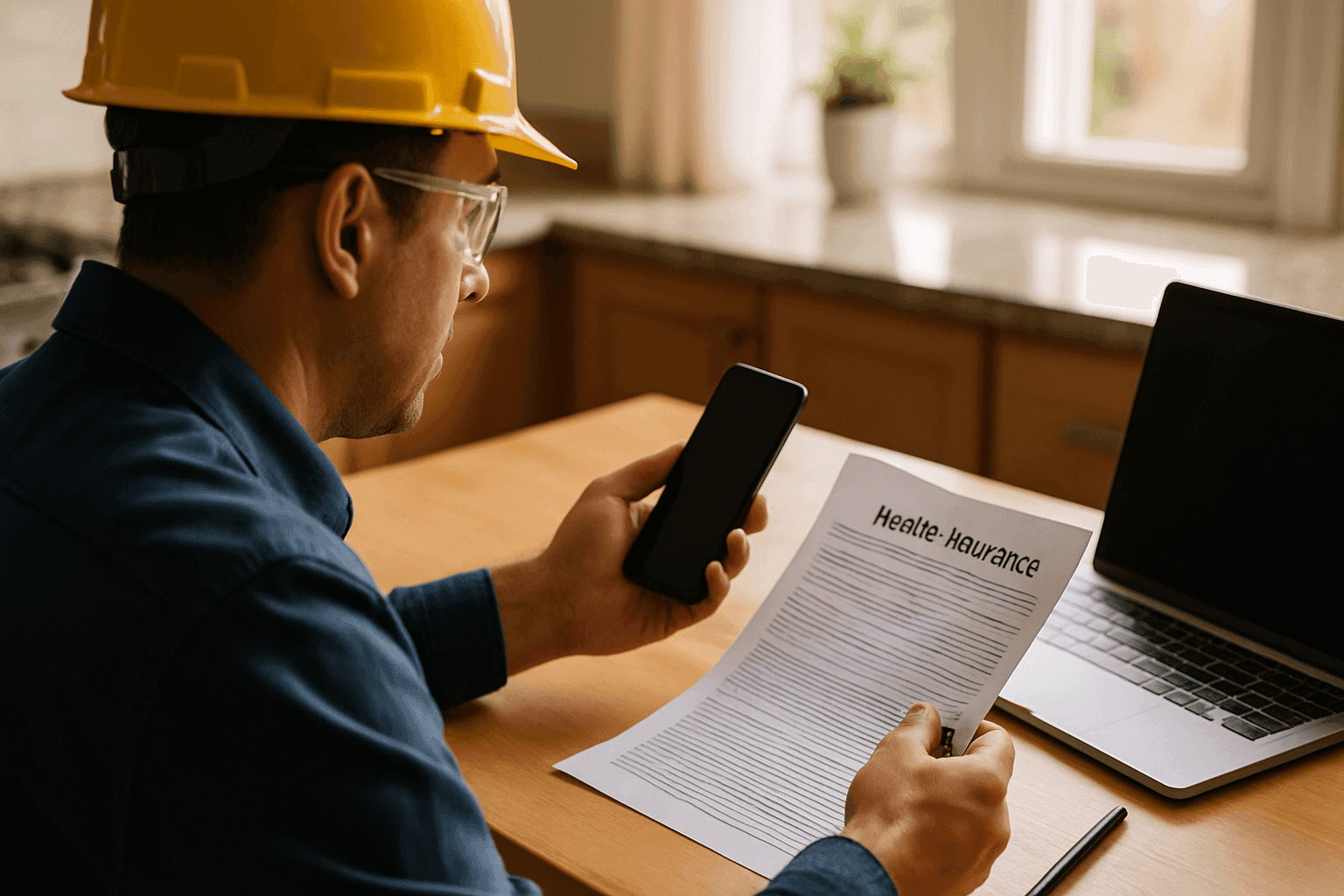 Person on phone with paperwork, reviewing emergency insurance options at home
