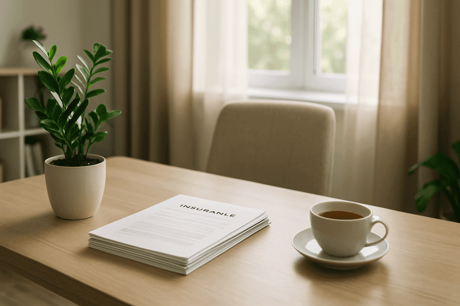 Calm home office with insurance papers and a peaceful atmosphere symbolizing mental health support