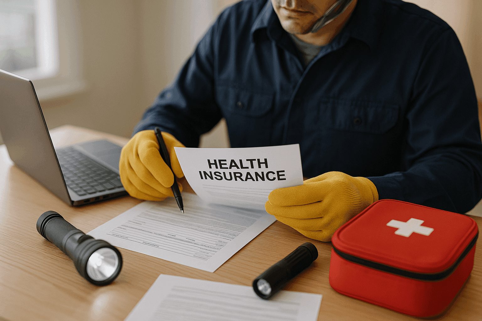 Person reviewing health insurance documents with emergency preparedness supplies on desk
